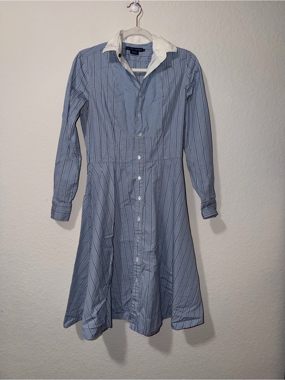 Ralph Lauren Light Blue Pinstripe Shirt Dress with White Contrast Collar